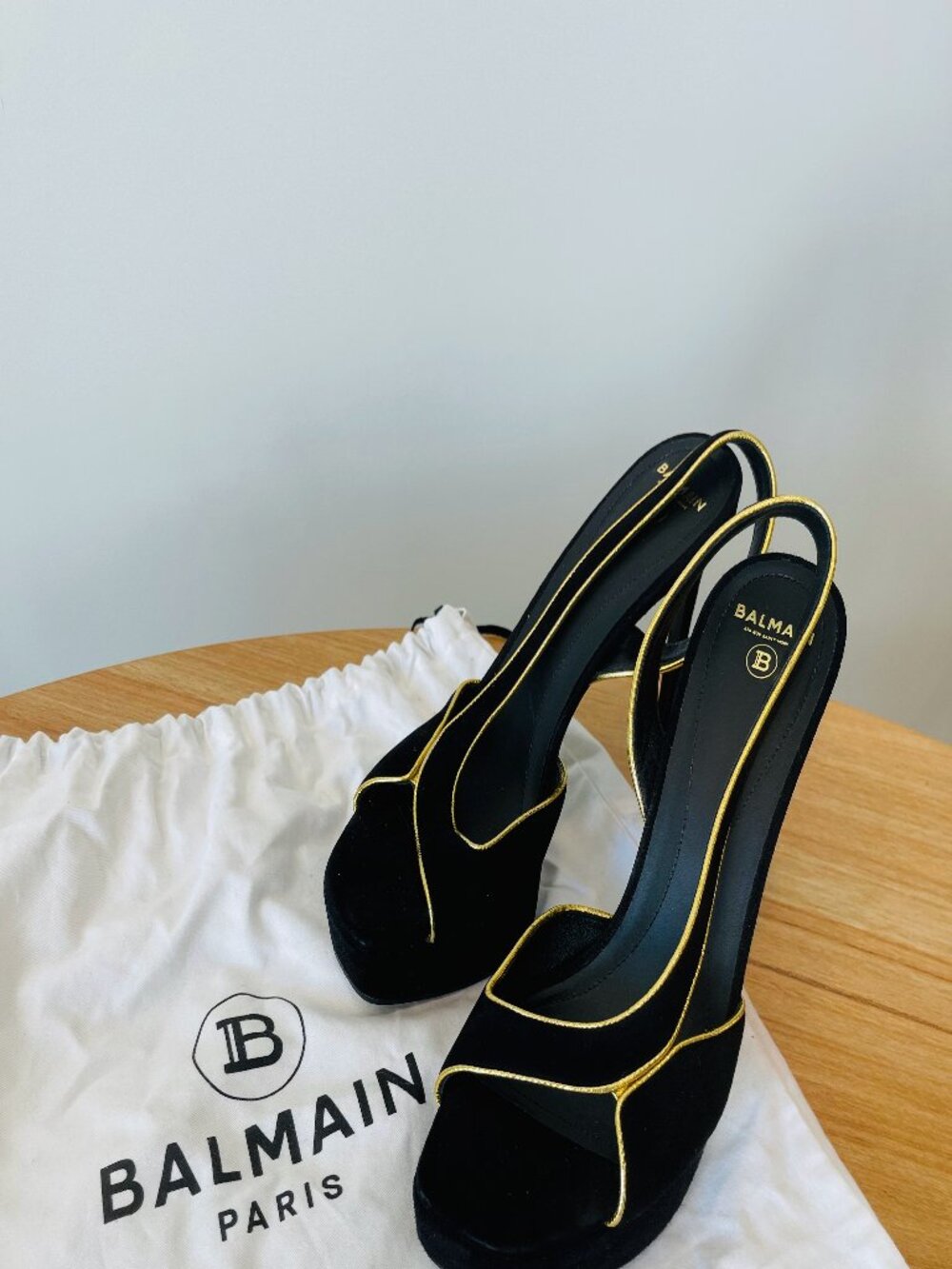 Balmain Black Suede Gold Piping Slingback Platform Heels EU 38